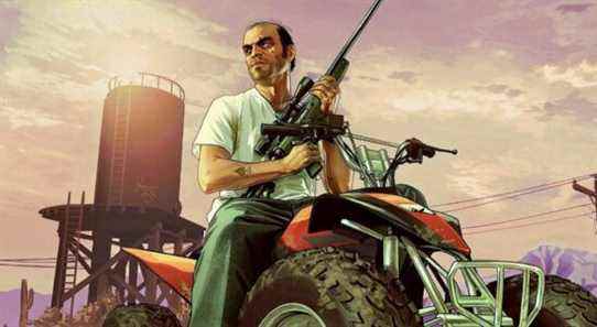 An image from Grand Theft Auto 5 showing Trevor on a quad bike while he holds a sniper rifle.