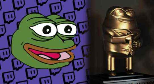 Pepe the frog appears left of The Streamer Awards trophy, which is itself a likeness of Pepe/Peepo.