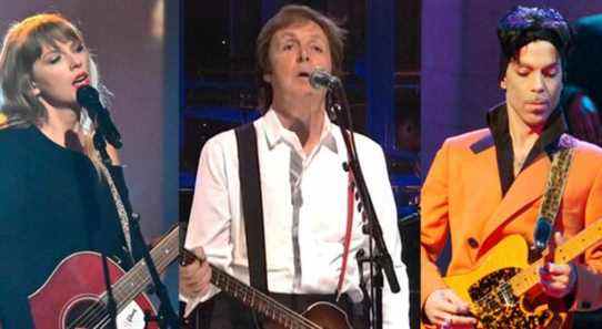Taylor Swift playing guitar on SNL in 2021; Paul McCartney playing bass on SNL in 2010; Prince playing guitar on SNL in 2006