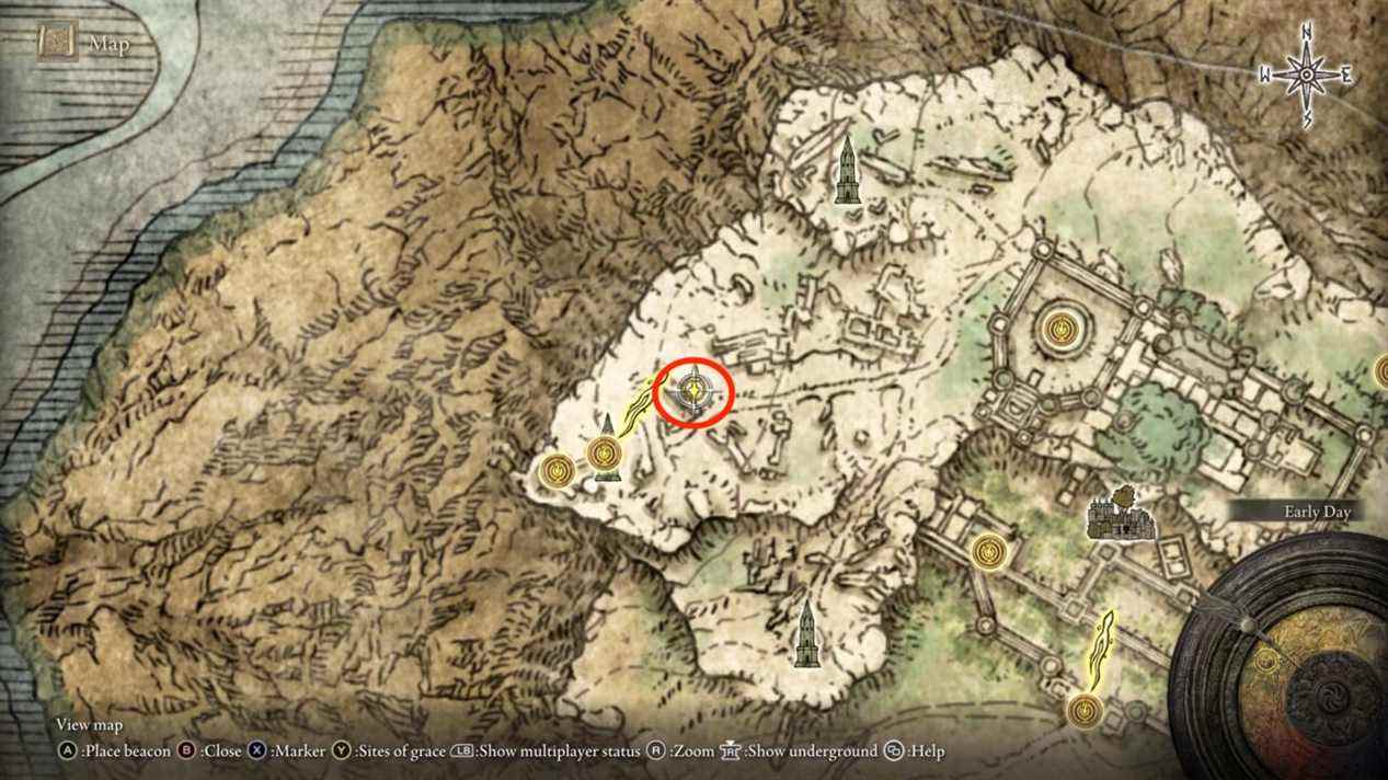 Le nouveau corps de Sellen se trouve sous les ruines près de Ranni's Rise, indiqué par le cercle rouge.