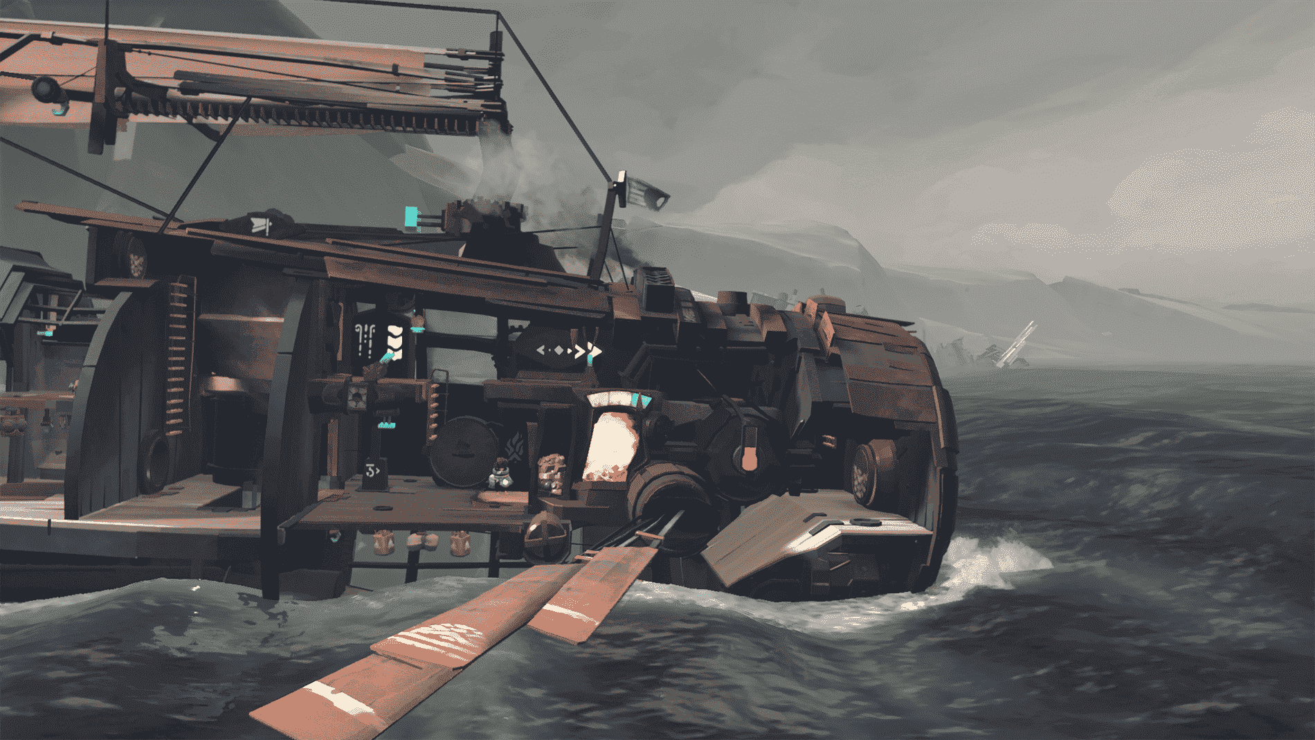 Loin : Capture d'écran de Changing Tides montrant un bateau rouillé et cylindrique sur une eau agitée.