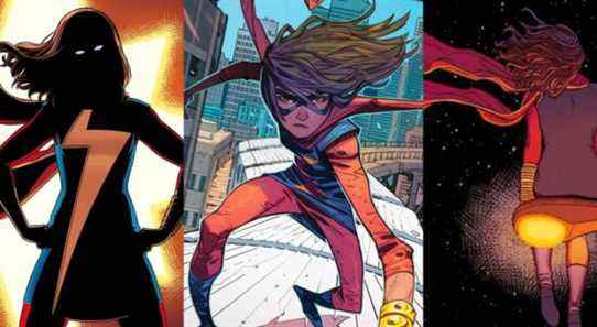 Ms Marvel silhouetted on a comic cover; Ms Marvel standing on a moving train; Ms Marvel sitting on a lamppost at night
