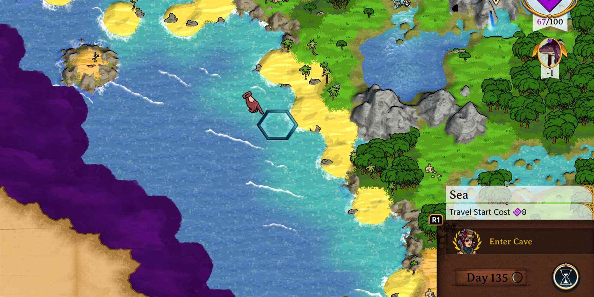 brume violette empiétant sur l'île pendant que le joueur explore