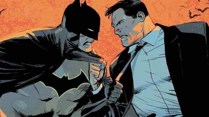 Batman affrontant Bruce Wayne dans un rendu de bande dessinée.