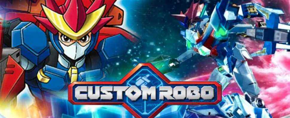 Artwork from Custom Robo Arena and Custom Robo Revolution appear behind the logo for the game series.