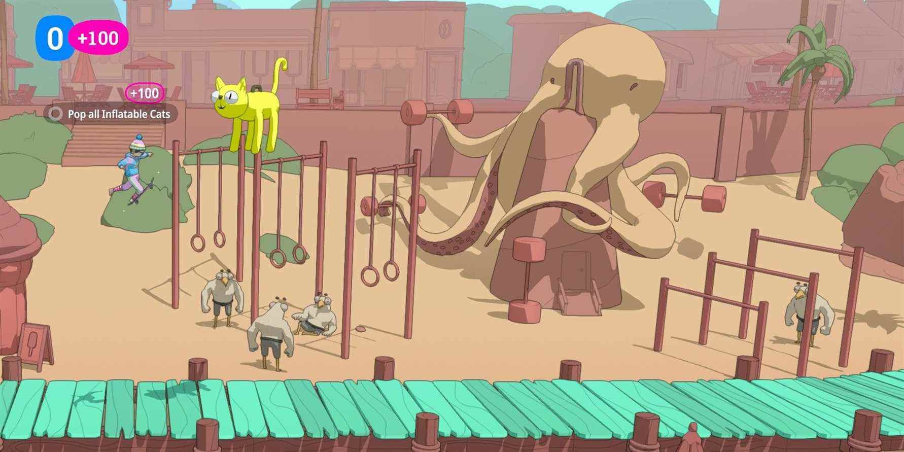 Le joueur tentant de faire éclater un chat gonflable dans OlliOlli World
