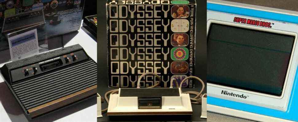 The Atari 2600 on display at E3; The Magnavox Odyssey with its original box; a Super Mario Bros version of the Game & Watch