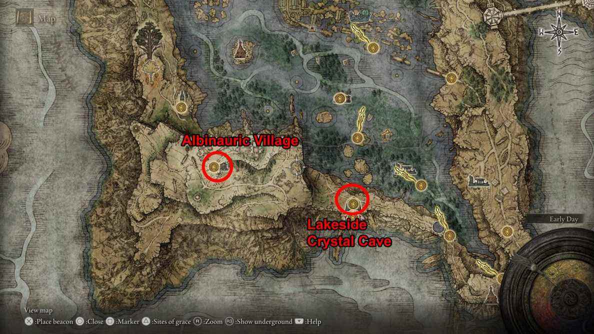 Une carte de la série de quêtes Elden Ring Millicent indiquant l'emplacement du village d'Albinaurte et de la grotte de cristal au bord du lac 
