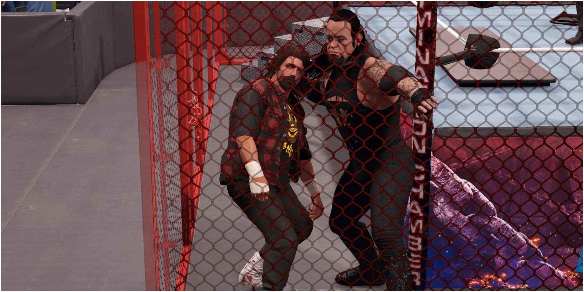   Undertaker fracassant la tête de Foley dans la cage