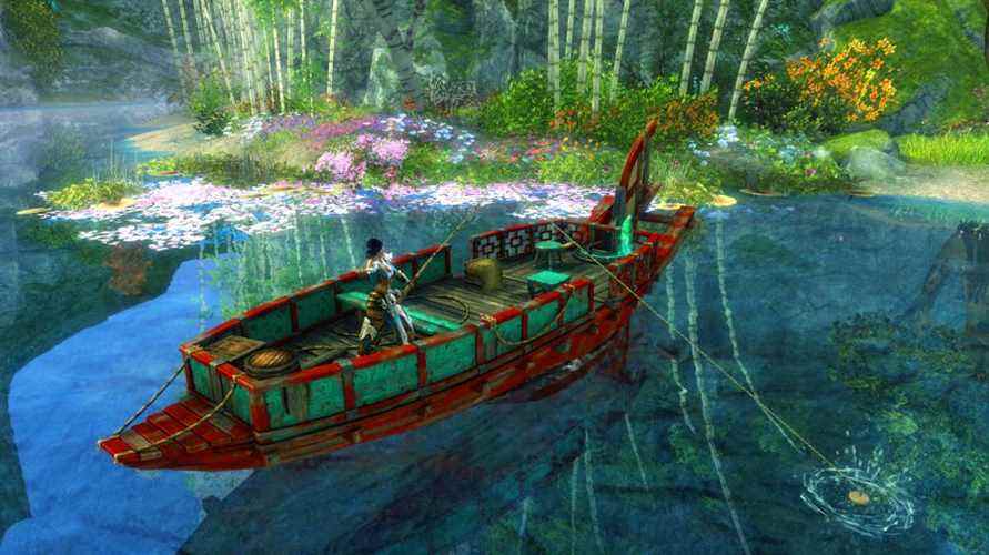 Pêcher depuis un canot dans l'extension End of Dragons de Guild Wars 2