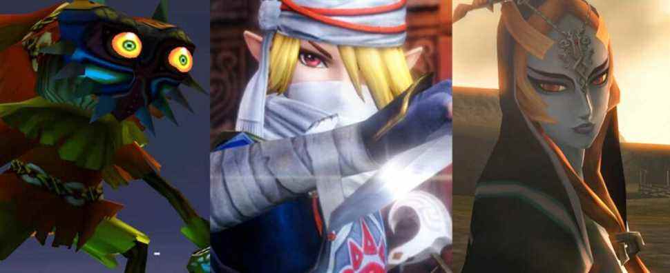 Masked Skull Kid on a roof in Majora's Mask; Sheik as she appears in Hyrule Warriors; Midna's true form from Twilight Princess HD