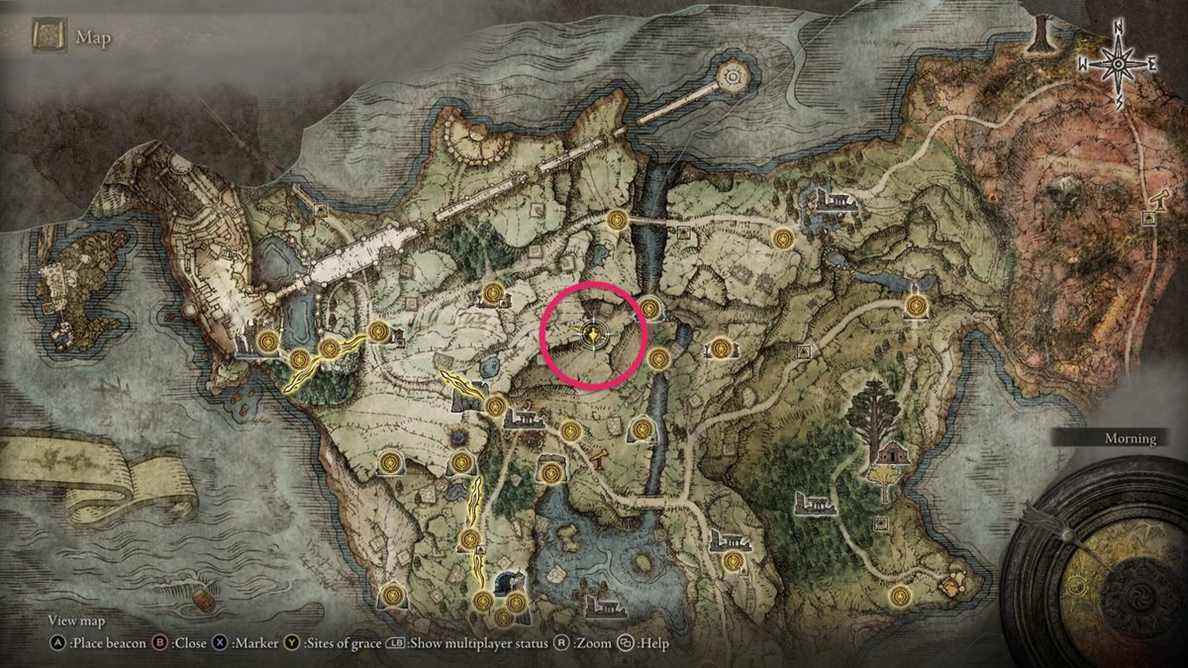 Carte d'Elden Ring montrant la source spirituelle qui mène au village de Summonwater
