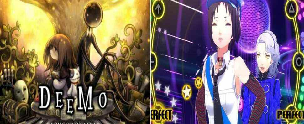 Split image Deemo intro screen art and two characters shown in Persona 4: Dancing All Night Stage with Perfect icons PS Vita