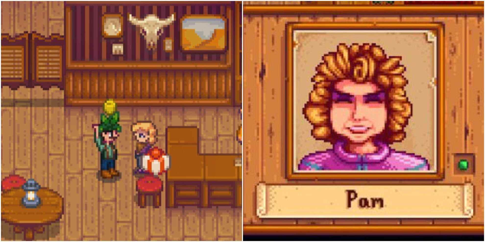 gauche : joueur donnant un cadeau à pam ;  à droite : le portrait souriant de Pam