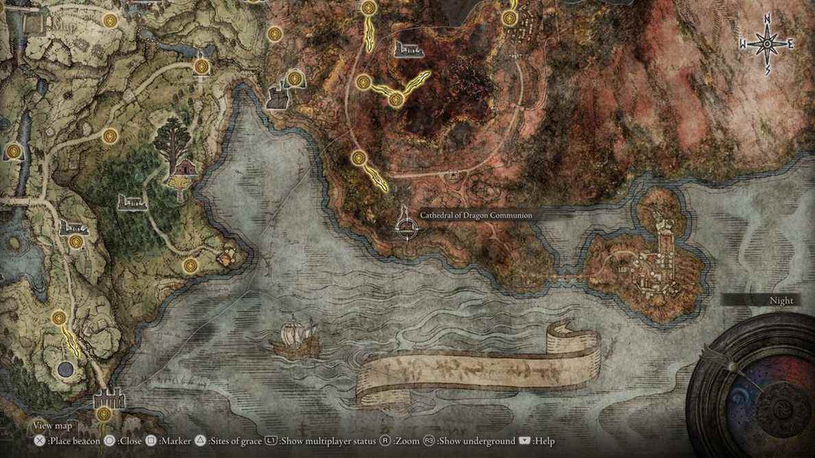 Carte d'Elden Ring montrant l'emplacement de la Cathédrale de la Communion du Dragon.
