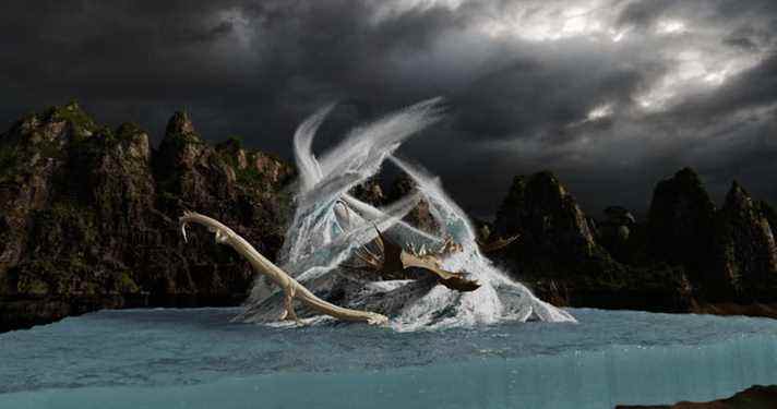 Des effets visuels représentant des dragons se battant pour l'eau dans une scène de Shang-Chi et de la légende des dix anneaux.