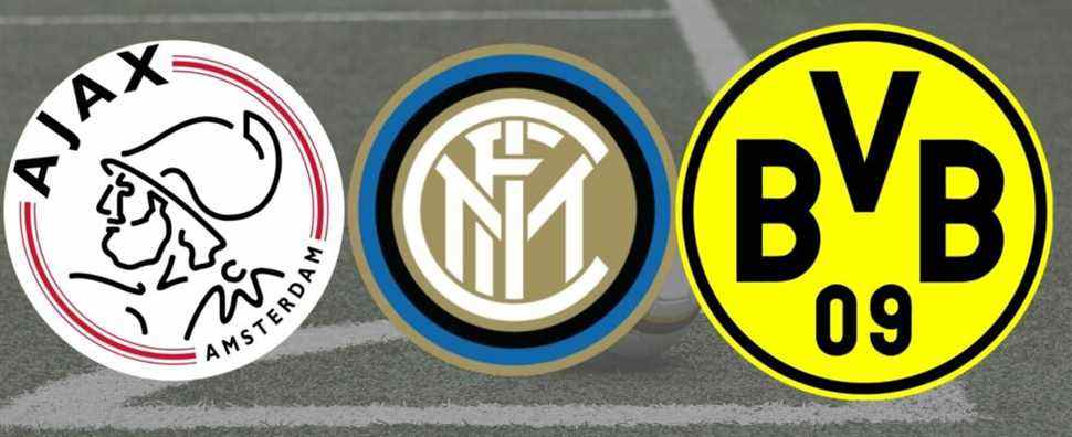 The official Ajax, Inter Milan, and Borussia Dortmund club badges over an image of a football field.