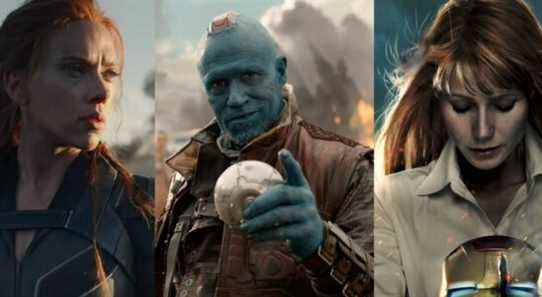 Natasha Romanoff in Black Widow; Yondu holding the Power Stone in Guardians 1; Pepper Potts holding the Iron Man helmet in an Iron Man 3 poster