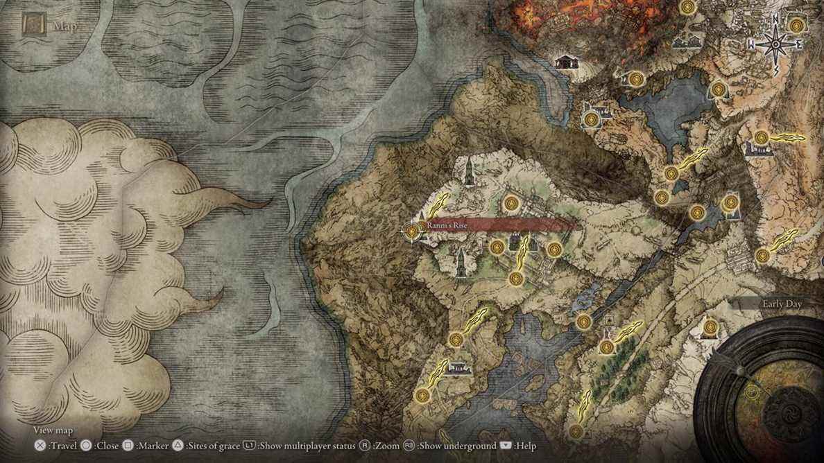 La carte d'Elden Ring montrant l'emplacement de Ranni's Rise, où vous revenez pour apprendre le sort de Bladd. 
