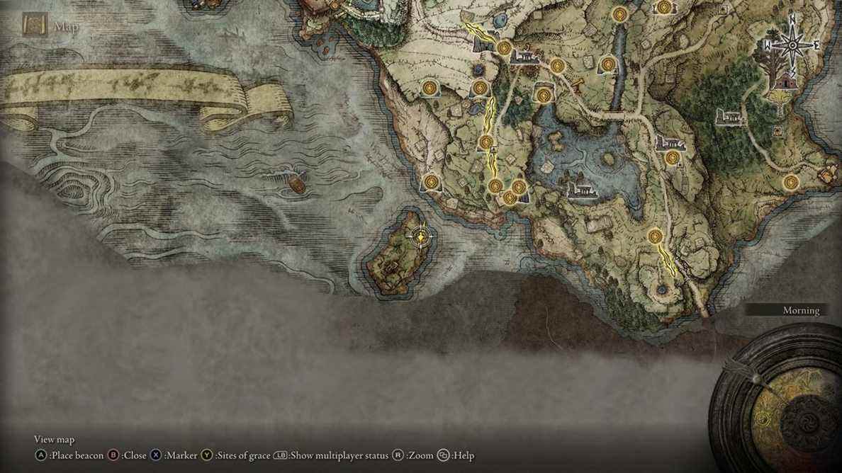 Carte d'Elden Ring montrant l'emplacement de l'église de la communion du dragon, à laquelle vous accédez depuis un passage caché dans la salle du boss de la grotte côtière. 