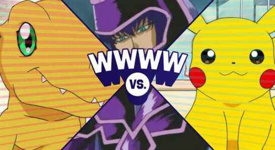 Une bataille royale Pikachu contre Agumon contre Dark Magician