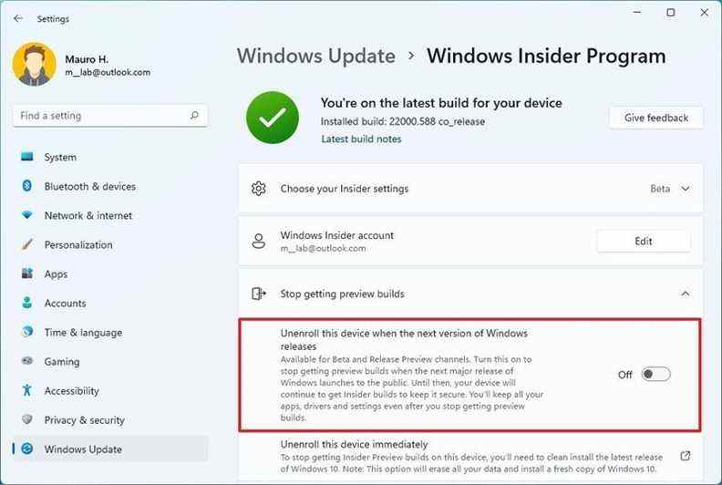 Désinscrire le programme Windows Insider