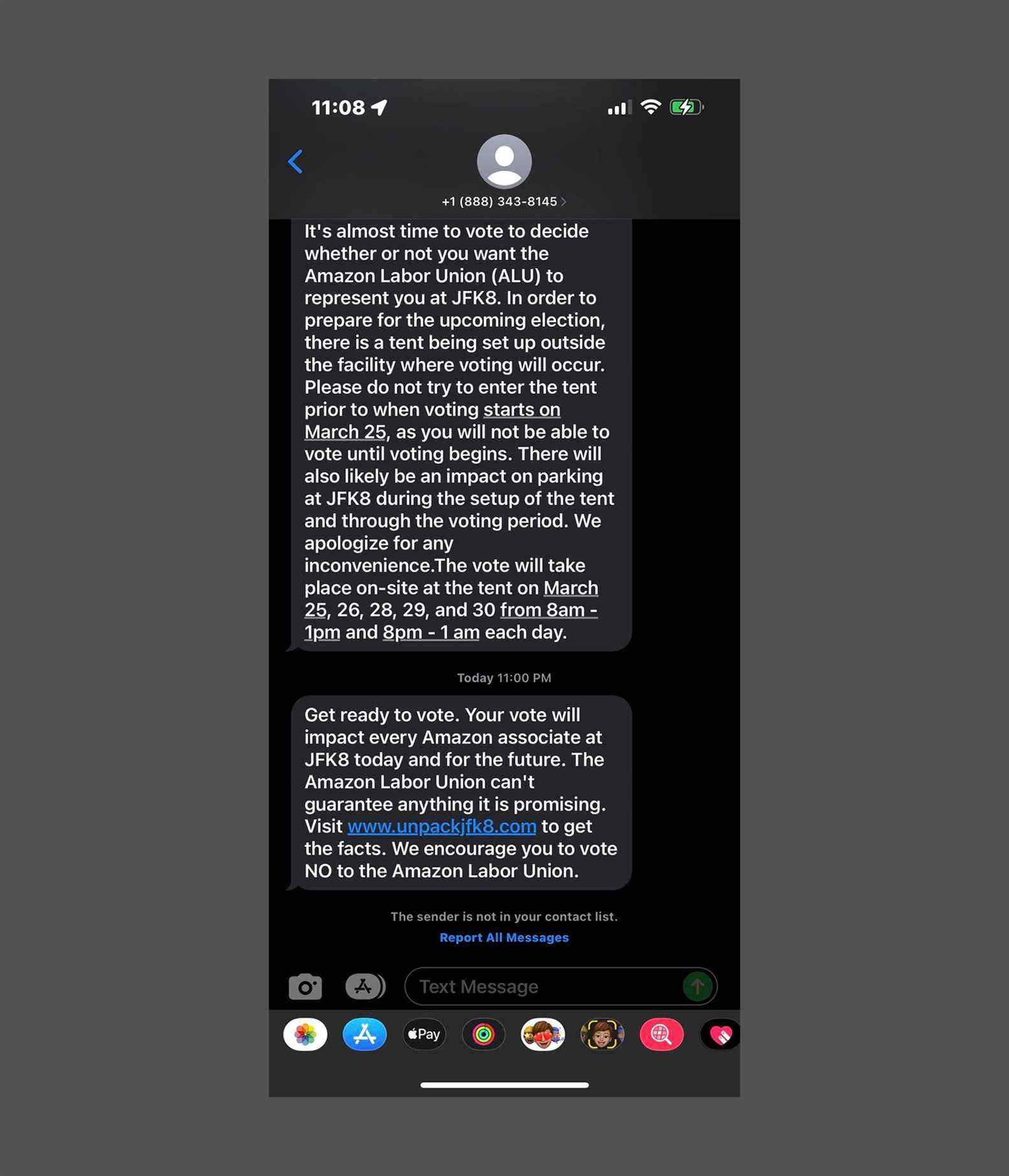 Capture d'écran d'un message texte d'Amazon fournissant des détails sur l'heure de vote et exhortant le destinataire à...