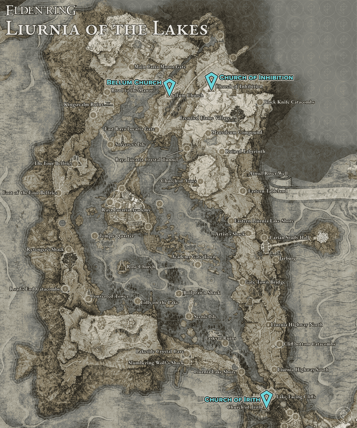 Carte montrant les emplacements de Liurnia of the Lakes Sacred Tear.