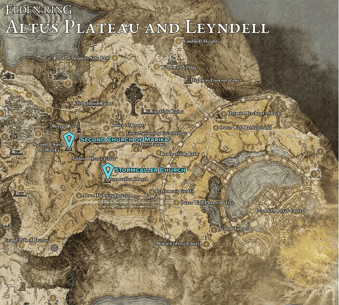 Carte montrant les emplacements des larmes sacrées du plateau d'Altus.