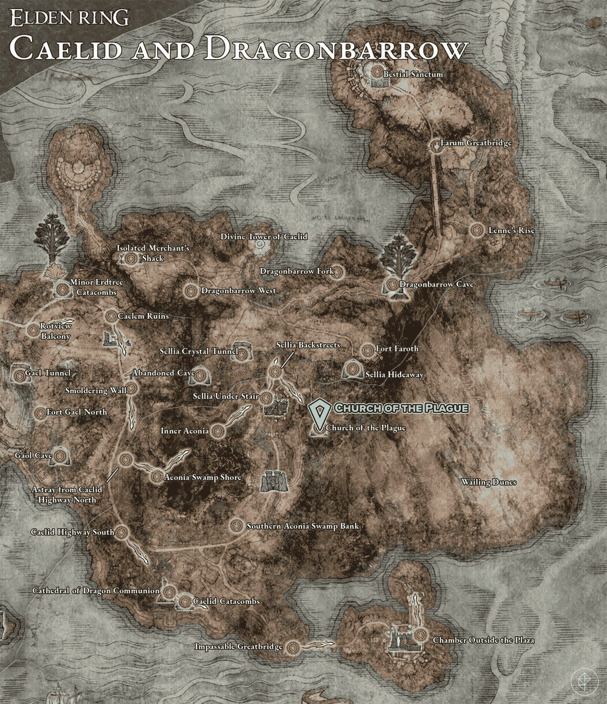 Carte montrant les emplacements de Caelid et Dragonbarrow Sacred Tear.
