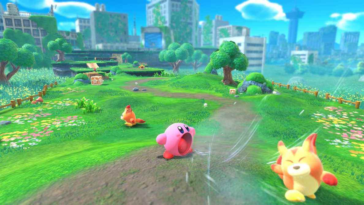 Kirby suce un renard dans Kirby et la terre oubliée