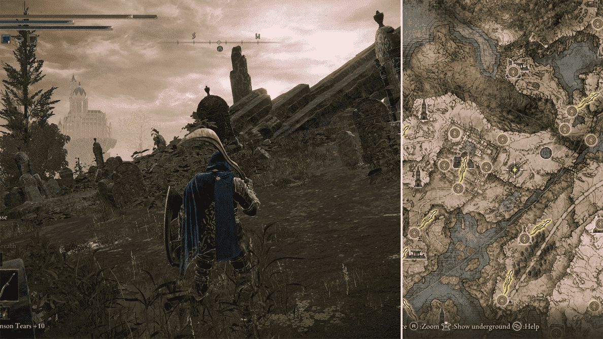 Image fractionnée montrant le cimetière et la carte de l'emplacement de la déchirure larvaire derrière le manoir Caria.