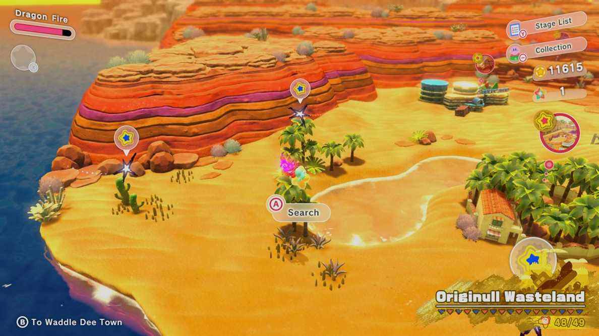 Kirby flotte au-dessus de quelques arbres dans un désert avec une invite pour les rechercher
