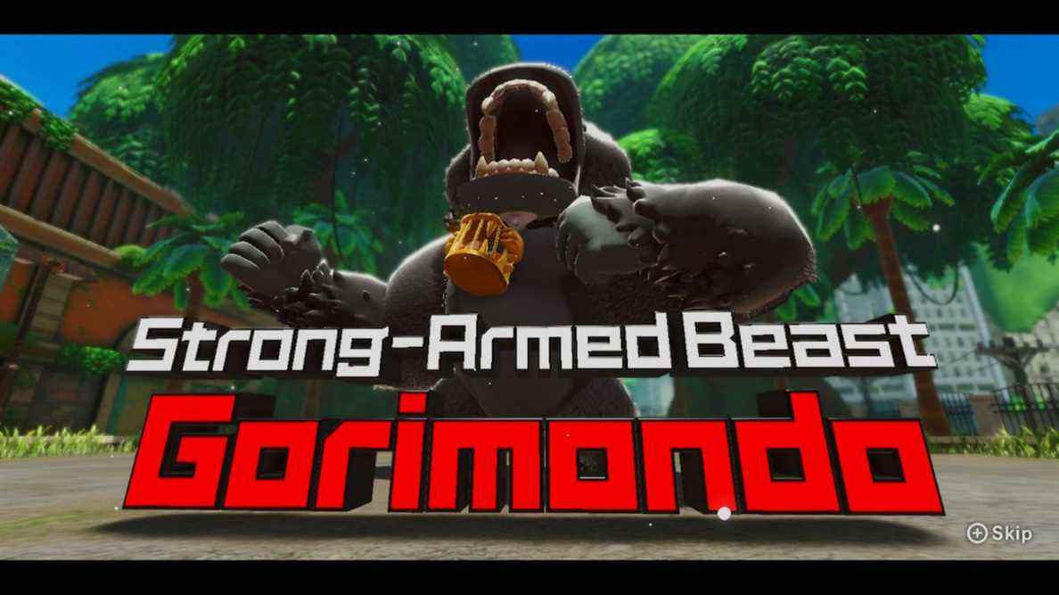 L'écran de démarrage de Gorimondo, une bête géante ressemblant à un gorille