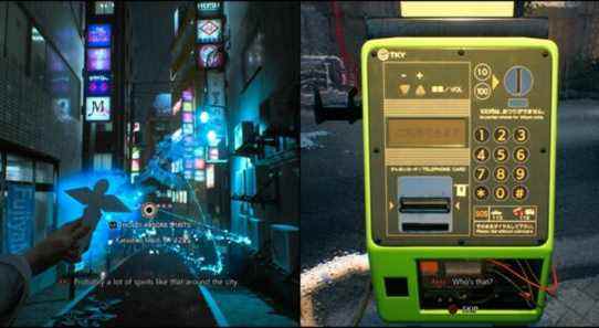 A split image of the player absorbing spirits on the left and using a payphone on the right.