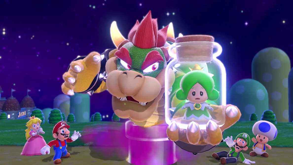 Bowser tient un Sprixie vert dans un bocal dans une image de Super Mario 3D World
