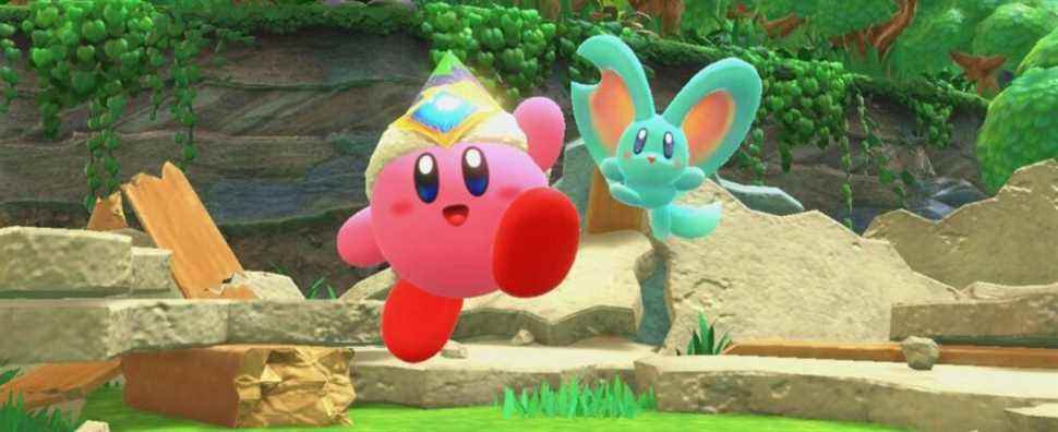 Elfilin and Bomb Kirby cheering in the Kirby and the Forgotten Land introduction
