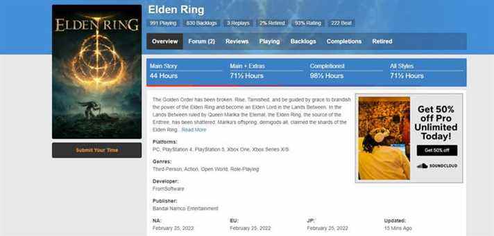 Une page Web Combien de temps à battre affiche des données pour Elden Ring.