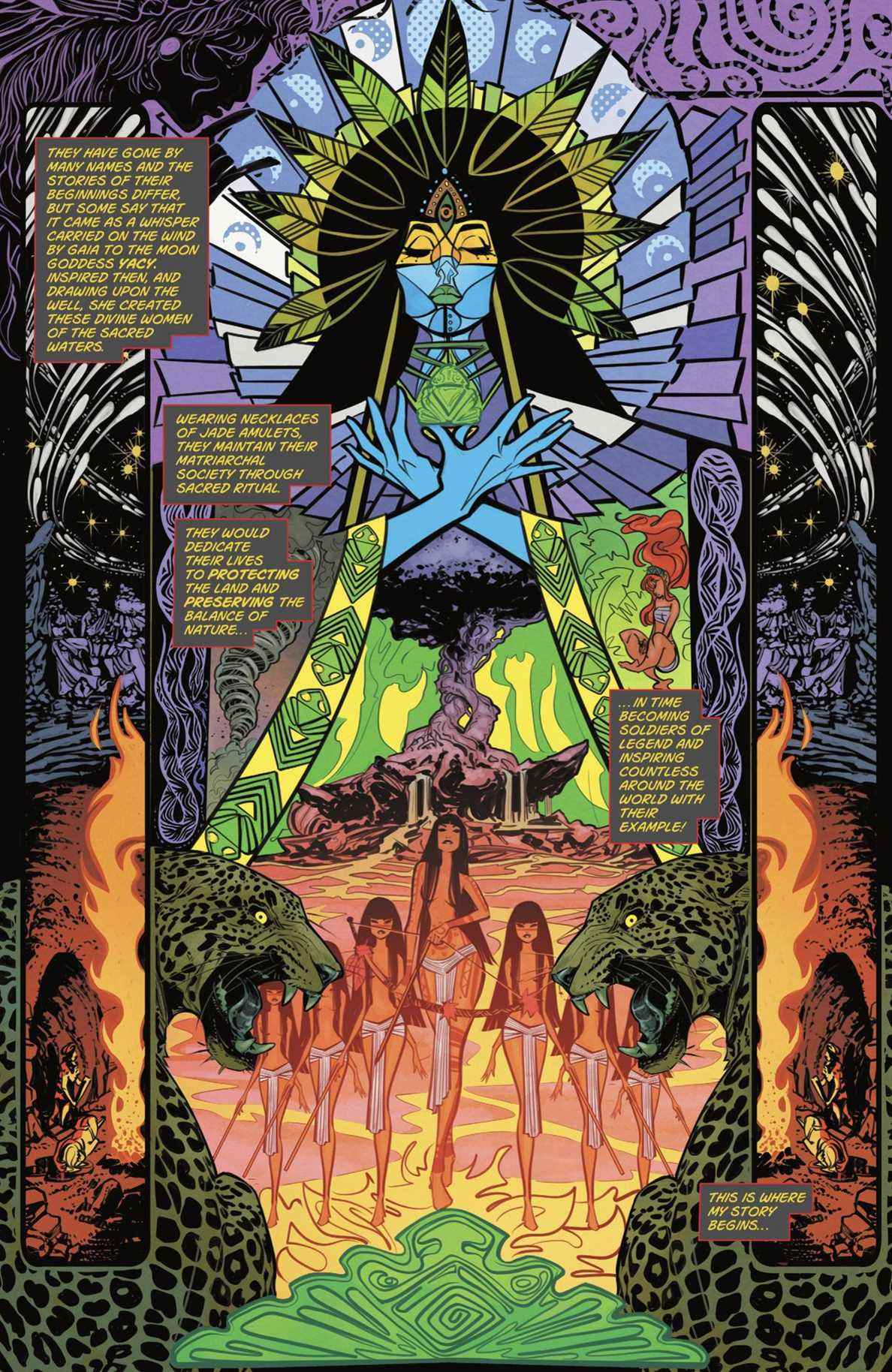 Un faux vitrail représente une ligne de guerriers Esquecida avec des arcs tirés sous une prêtresse à la peau bleue avec un pendentif en jade.  L'image est flanquée de jaguars et de panneaux incrustés répétant des scènes en miroir des déesses grecques créant les Amazones dans le puits des âmes, dans Trial of the Amazons: Wonder Girl # 1 (2022). 
