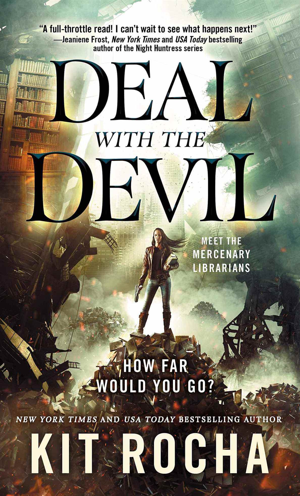 Couverture de Deal with the Devil , avec une femme debout sur une pile de livres contre un paysage détruit
