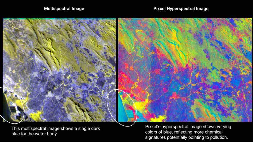 Deux images satellites, dont une hyperspectrale, montrant plus d'informations.