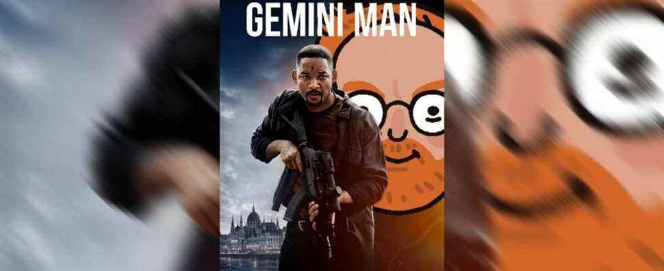 will smith in the gemini man poster with the game developer twitter profile picture behind him