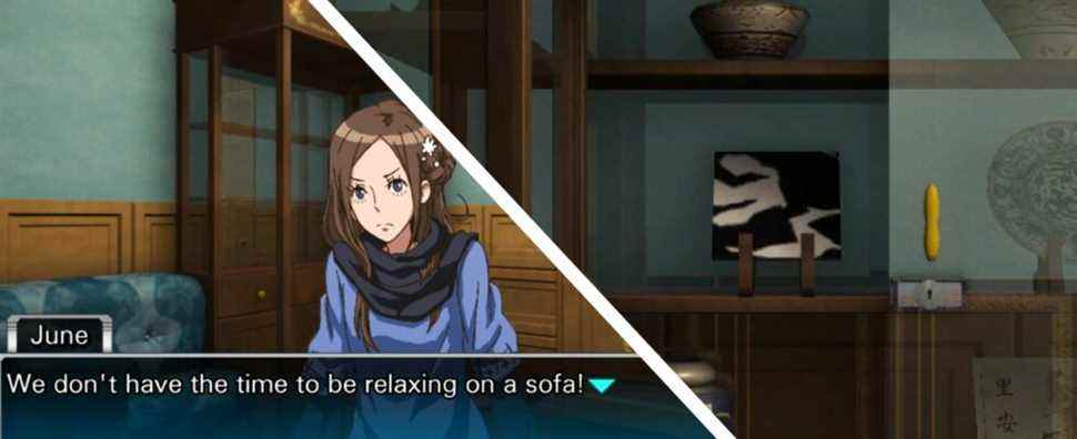 image of june speaking to junpei next to image of tile on shelf