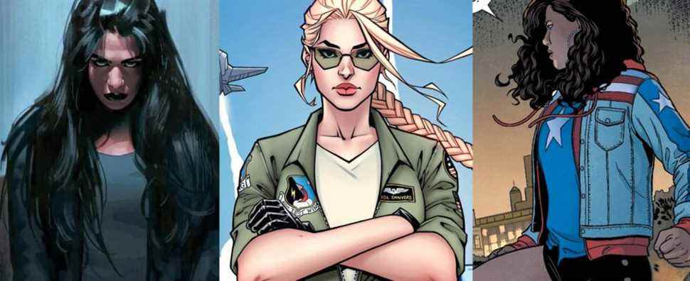 Jessica Jones in street clothes in the comics; Carol Danvers in her Air Force garb as planes fly behind her; America Chavez taking a power stance by a cityscape