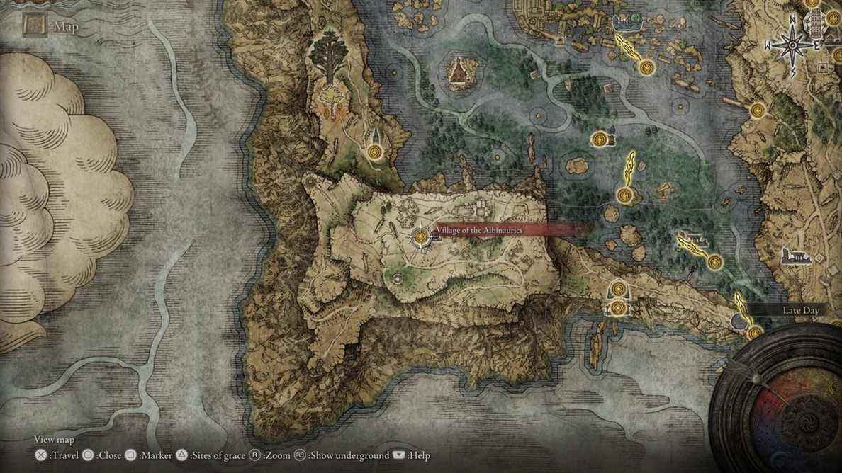 Carte Elden Ring montrant le village des Albinaurics, où vous trouverez Nepheli Loux au cours de sa quête. 