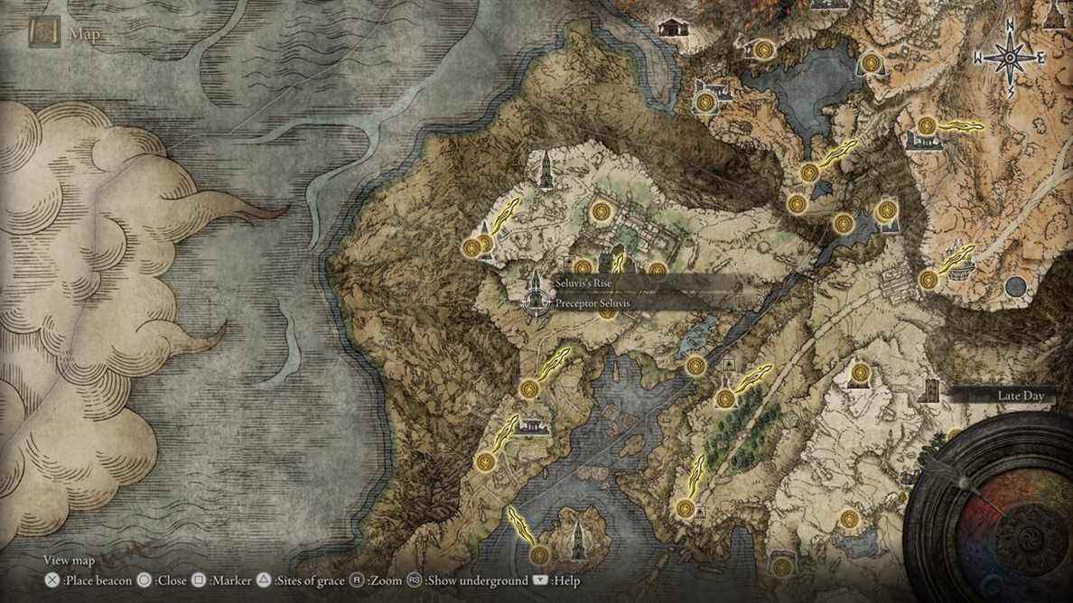 Carte d'Elden Ring montrant l'emplacement de Seluvis's Rise pendant la série de quêtes Nepheli Loux.