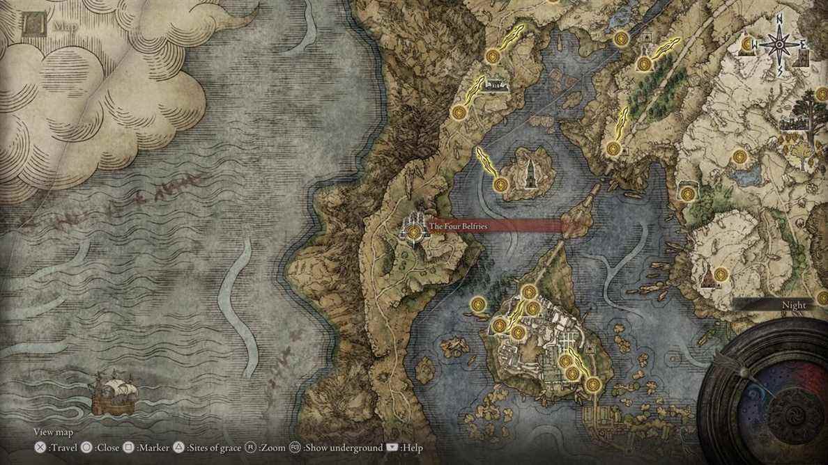 Carte d'Elden Ring montrant l'emplacement des quatre beffrois pendant la série de quêtes Nepheli Loux.