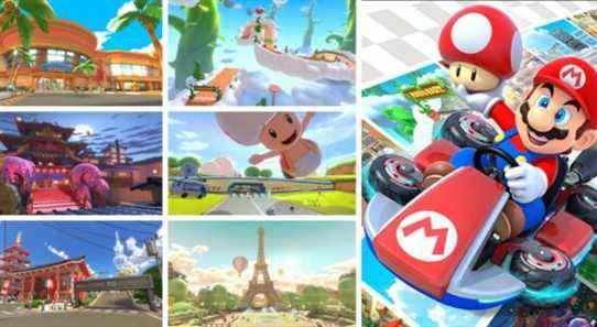 Six of the new Mario Kart 8 Deluxe courses appear in a split screen next to Mario in a go-kart.