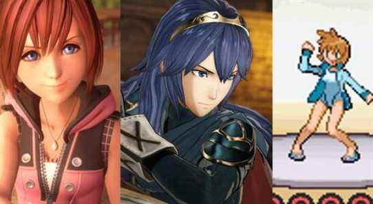 Kairi in a cutscene from Kingdom Hearts 1; Lucina appearing in Fire Emblem Warriors for Switch; Misty in a Gym Battle in Heart Gold/Soul Silver