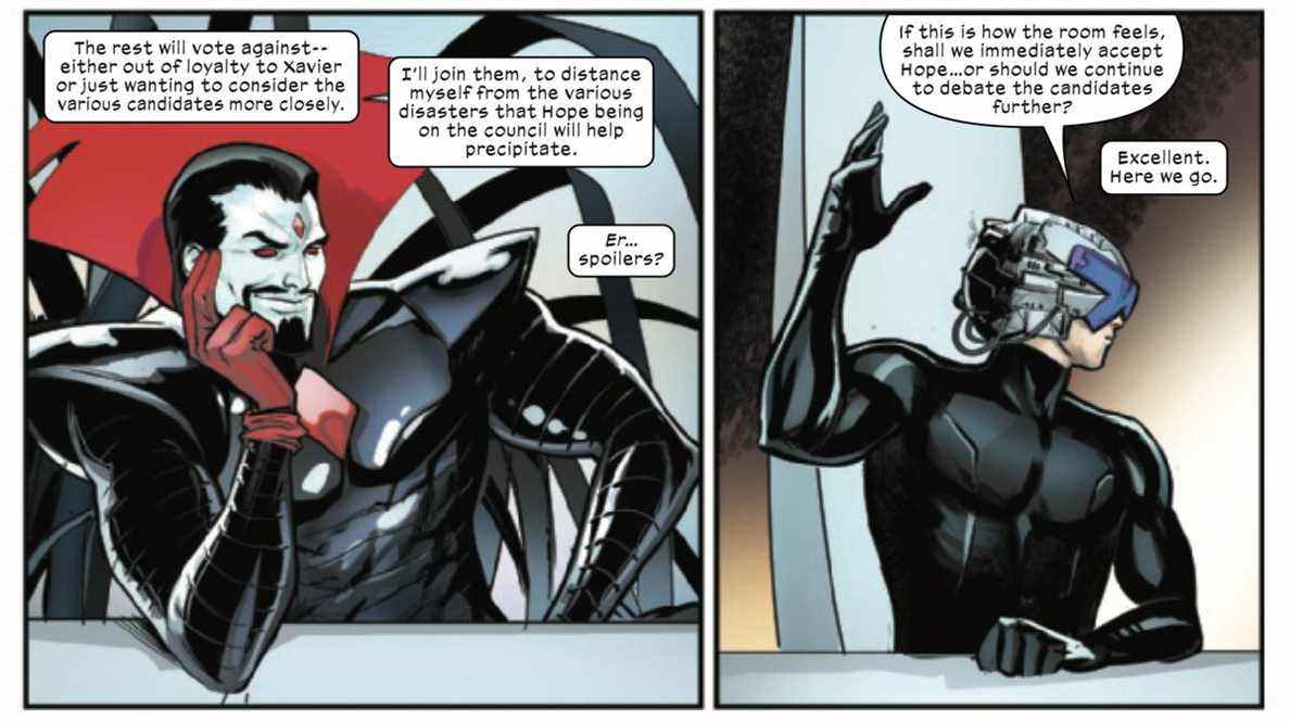 Mister Sinister est assis d'un air suffisant à la table du Quiet Council, pensant avec suffisance à la façon dont il en sait plus que tout le monde là-bas alors que le professeur Xavier appelle à un vote formel dans Immortal X-Men # 1 (2022). 